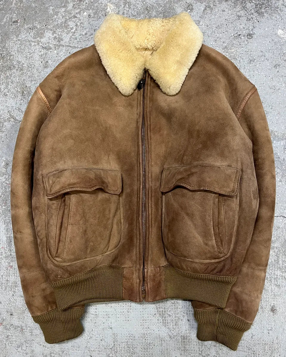1980s Emporio Armani Camel Shearling Leather Bomber Jacket 1980s Emporio Armani Camel Shearling Leather Bomber Jacket