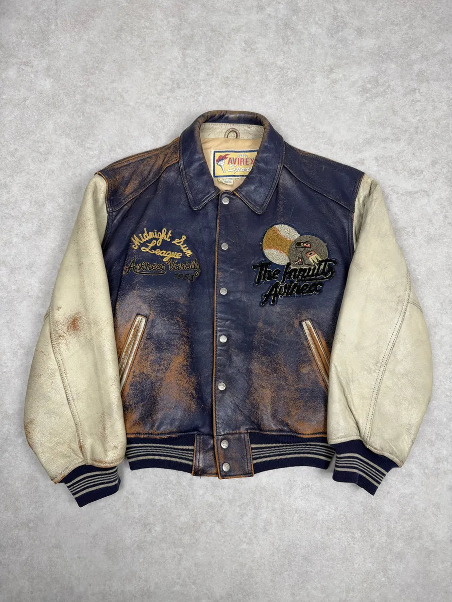 1990s Avirex Brown & White Leather Pilot Varsity Bomber Jacket