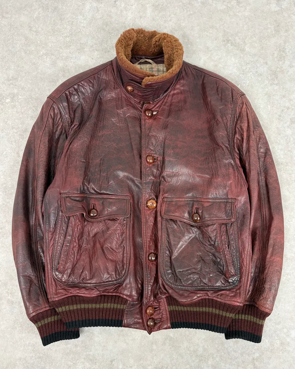 1990s Emporio Armani Sicons Brown Eroded Aviator Bomber Leather