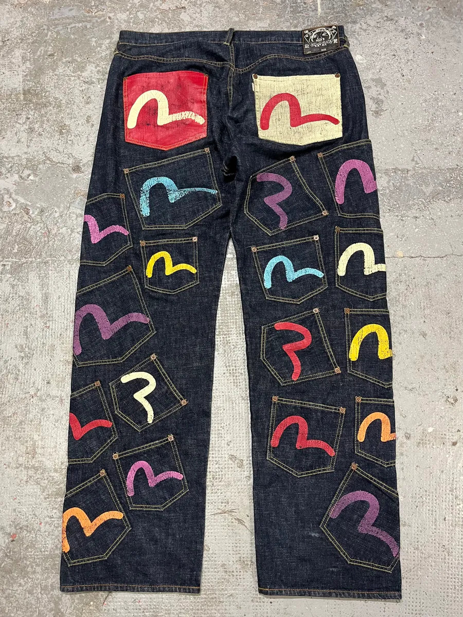 1990s Evisu Multi Pockets Painted Brut Denim Large Collector Jeans 1990s Evisu Multi Pockets Painted Brut Denim Large Collector Jeans