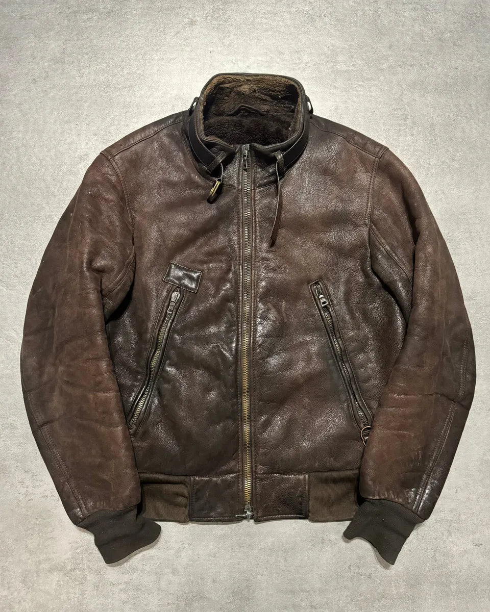 1990s Prada Archive Brown Faded Leather Wool Fur Leather Bomber