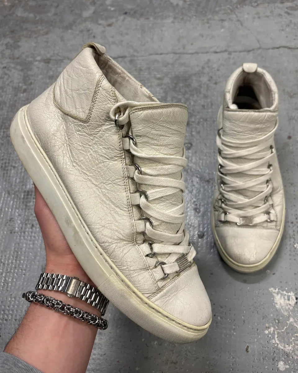 2000s Balenciaga Arena White Cracked Leather High Top Sneakers 
