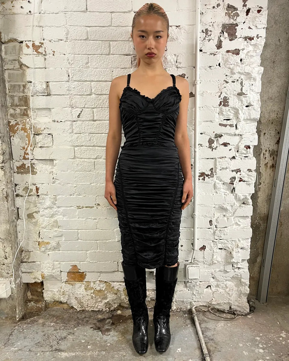midi ruched black dress Trina Mesh Ruched Midi Dress – SEROYA
