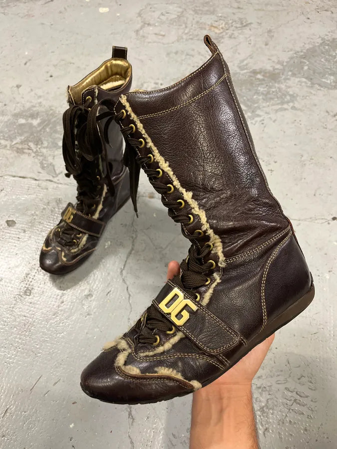 2000s Dolce & Gabbana Brown Fur Ankle Leather Boxing Boots – Dolce