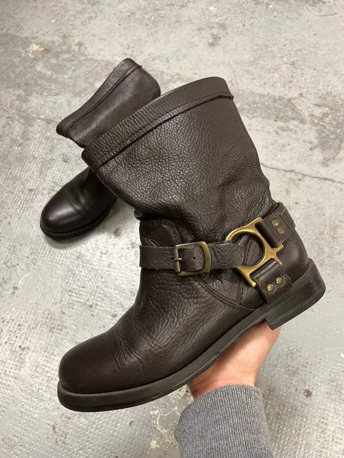 00s Dolce & Gabbana ブラウン レザー コンバットブーツ 2000s Dolce & Gabbana Dark Brown Gold Buckle Ankle Leather Boots