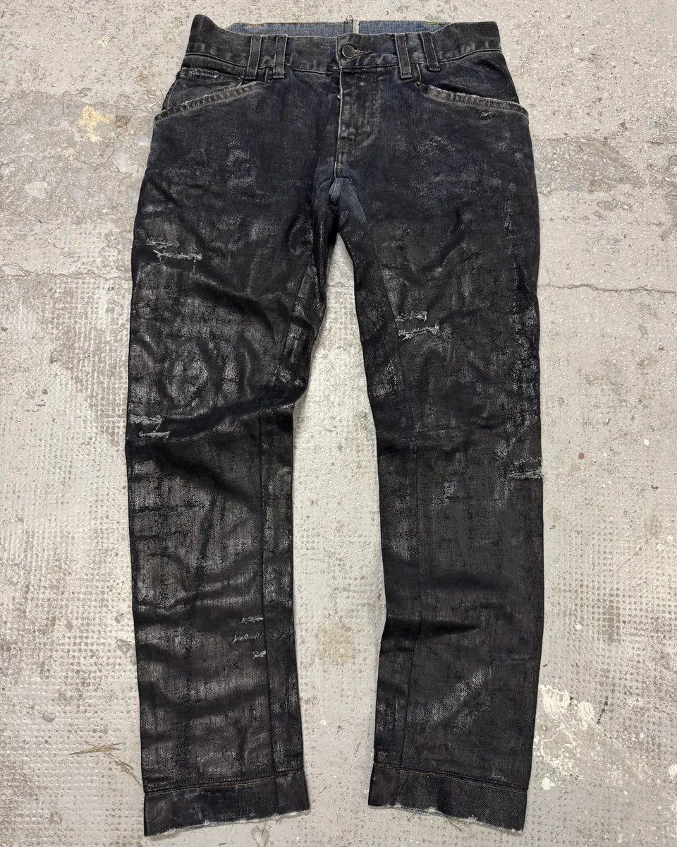 2000s Dolce & Gabbana Dark Waxed Destroyed Skinny Denim Jeans