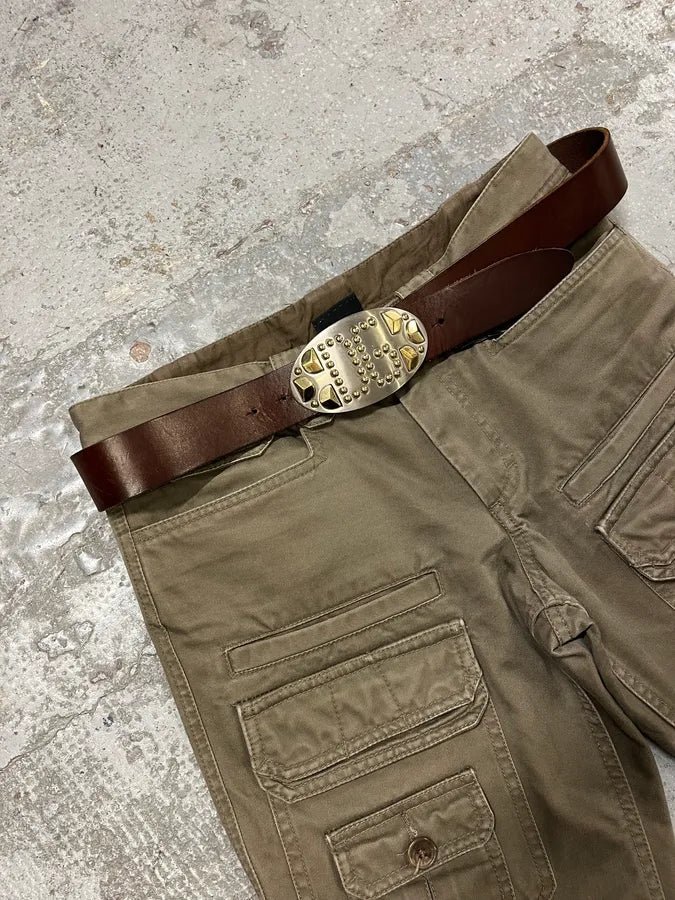 2000s Dolce & Gabbana Golden Futuristic DG Buckle Brown Leather