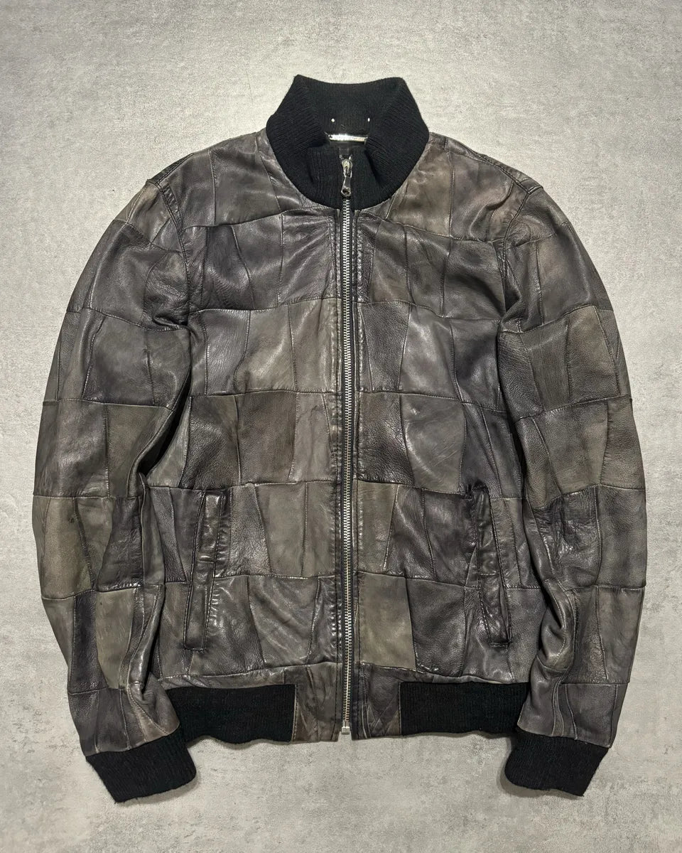 2000s Dolce & Gabbana Grey Faded Patchwork Leather Zip-up Jacket 