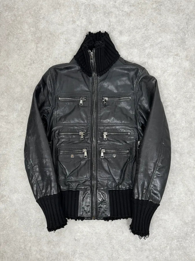 ジャケット・アウター 00's DOLCE&GABBANA Multi Zip Leather 46 2000s Dolce & Gabbana Multi-Zip Black Leather Distressed Jacket