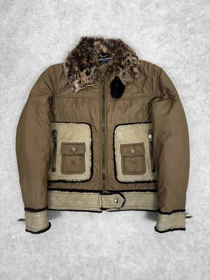 2000s Dolce & Gabbana Olive Green Nylon Fur Collar Leather Jacket