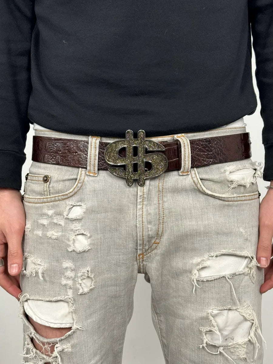 2000s Emporio Armani Dollar Buckle Crocodile Effect Brown Leather 