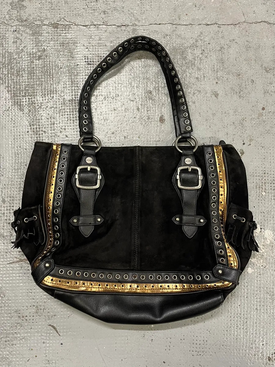 2000s Gianfranco Ferre Black Suede Leather Eyeled Handle Bag
