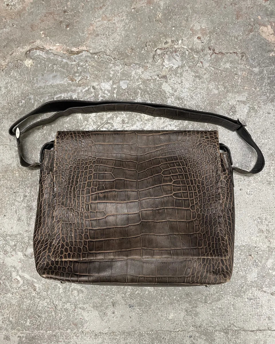 2000s Giorgio Armani Crocodile Effect Leather Messenger Bag