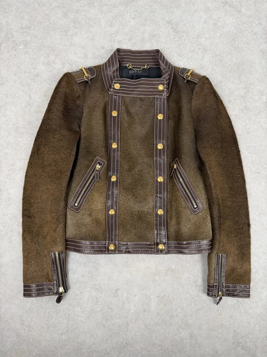 2000s Gucci Brown Pony Hair Leather Buttoned Officer Jacket by Tom
