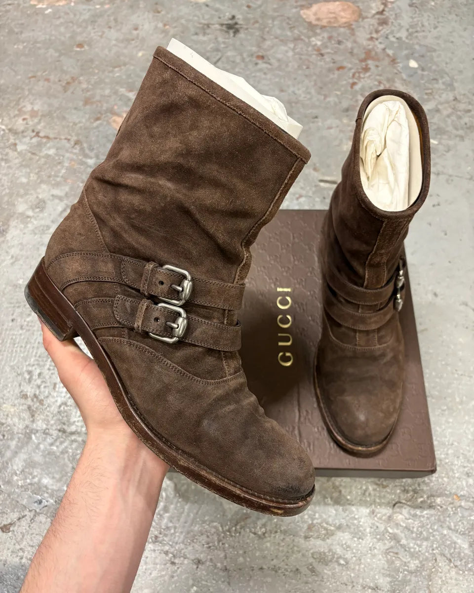 2000s Gucci Brown Biker Buckles Ankle Eroded Suede Leather Boots