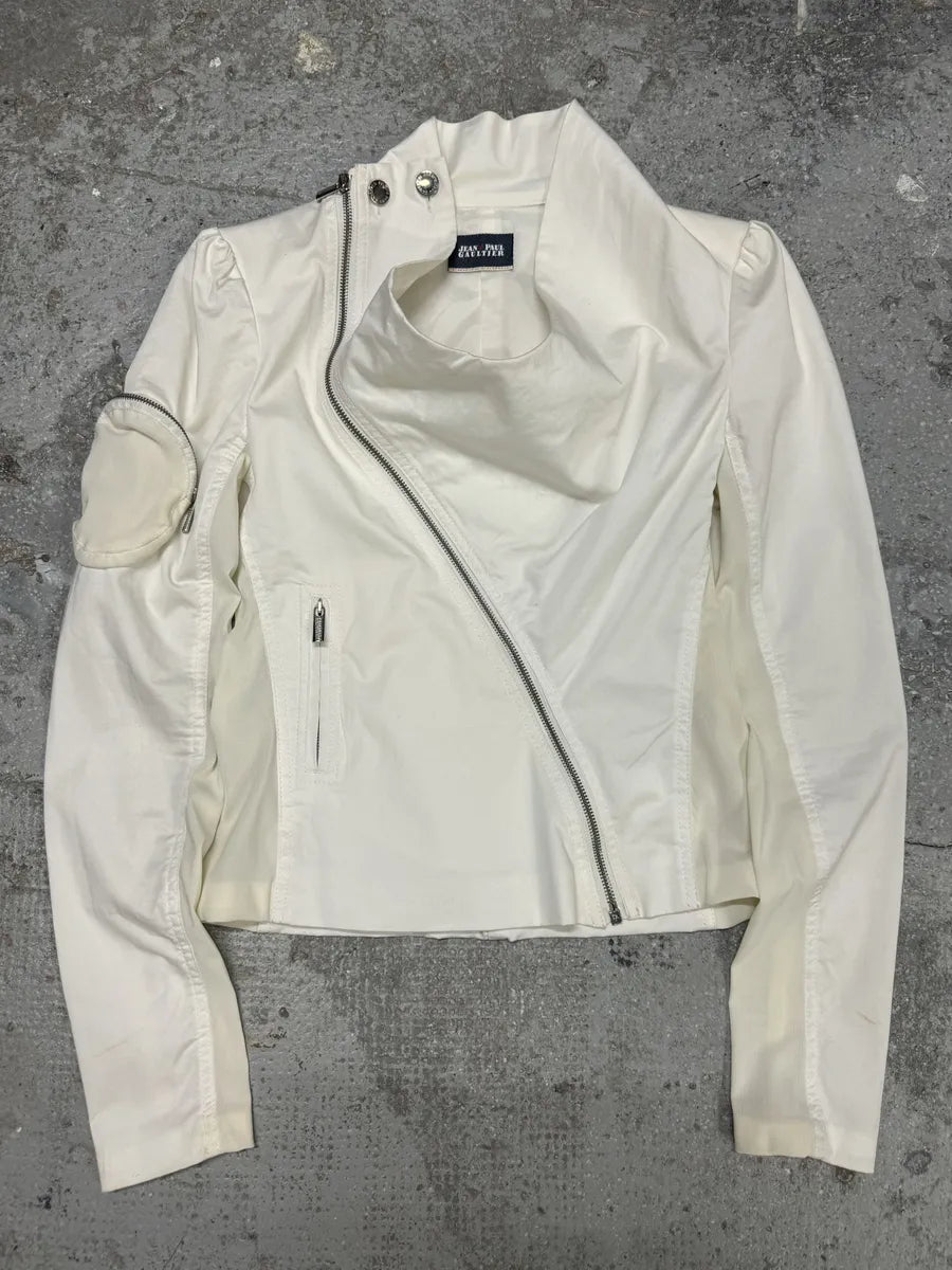 2000s Jean Paul Gaultier Asymmetrical Zip White Avant-Garde Jacket
