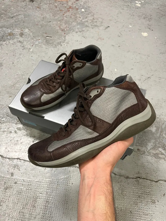 2000s Prada America's Cups Brown Leather Hybrid Mid Sneakers