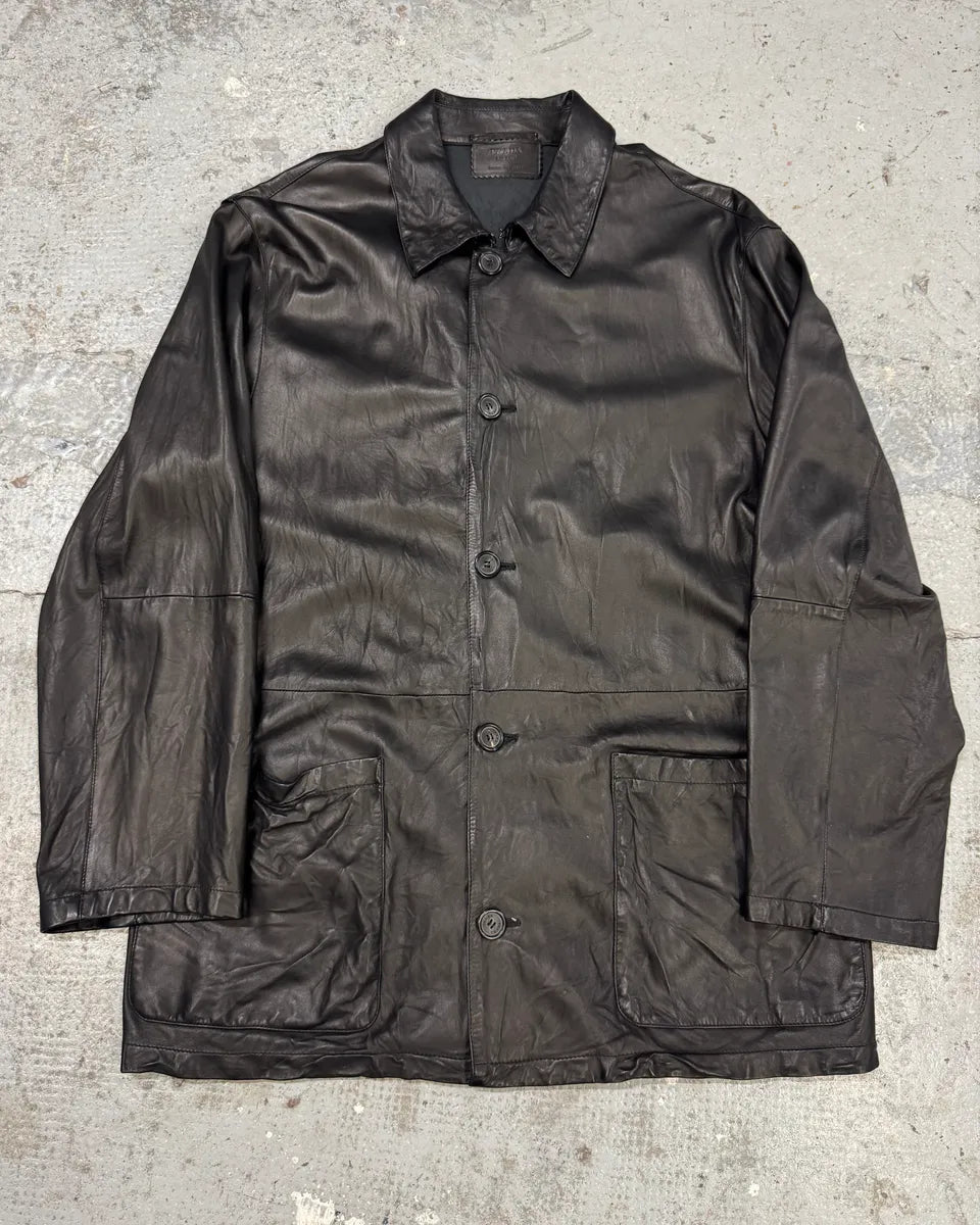 2000s Prada Black Leather Buttoned Minimalist Jacket – Dolce 2000s Prada Black Leather Buttoned Minimalist Jacket – Dolce