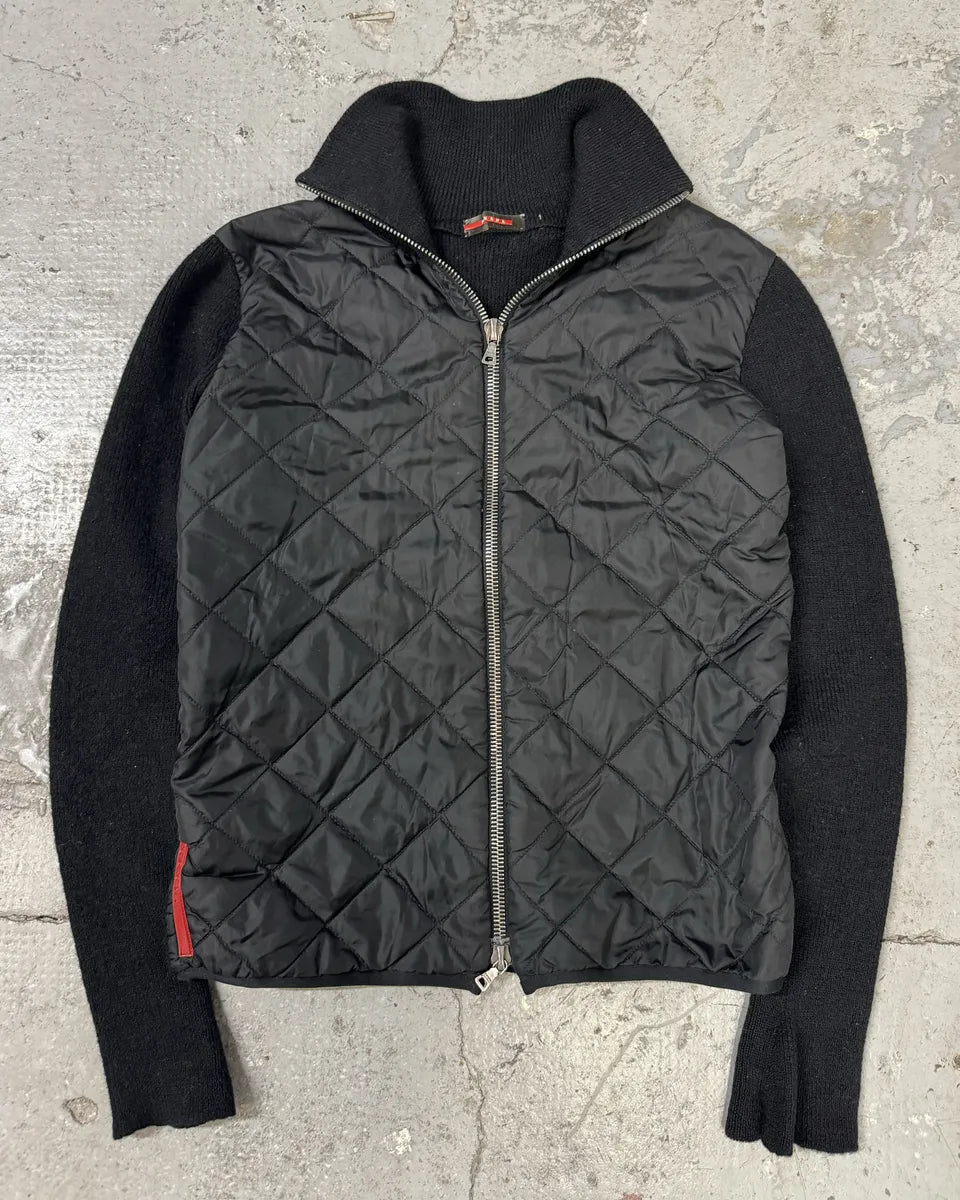 2000s Prada Linea Rossa Hybrid Black Wool Quilted Zip-Up Sweater