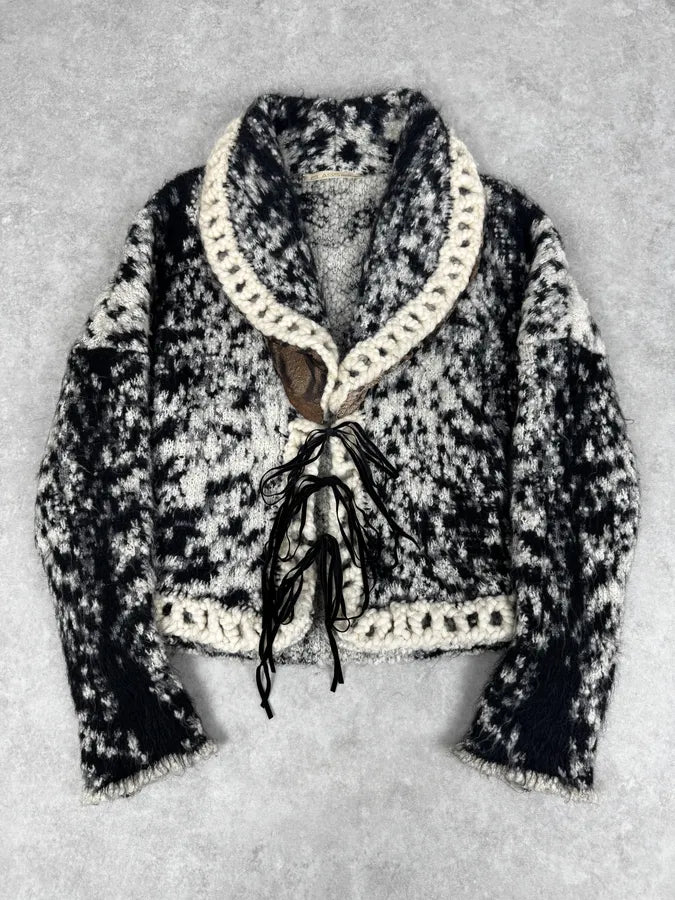 2000s Roberto Cavalli Black & White Leopard Wool Cardigan Jacket