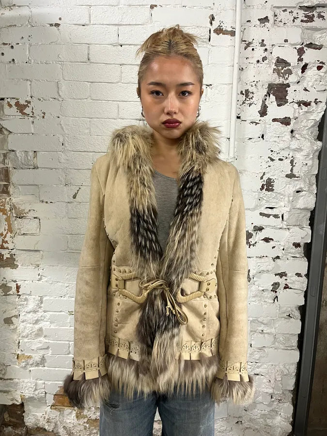 2000s Roberto Cavalli Fur Collar Royal Golden Studded Shearling
