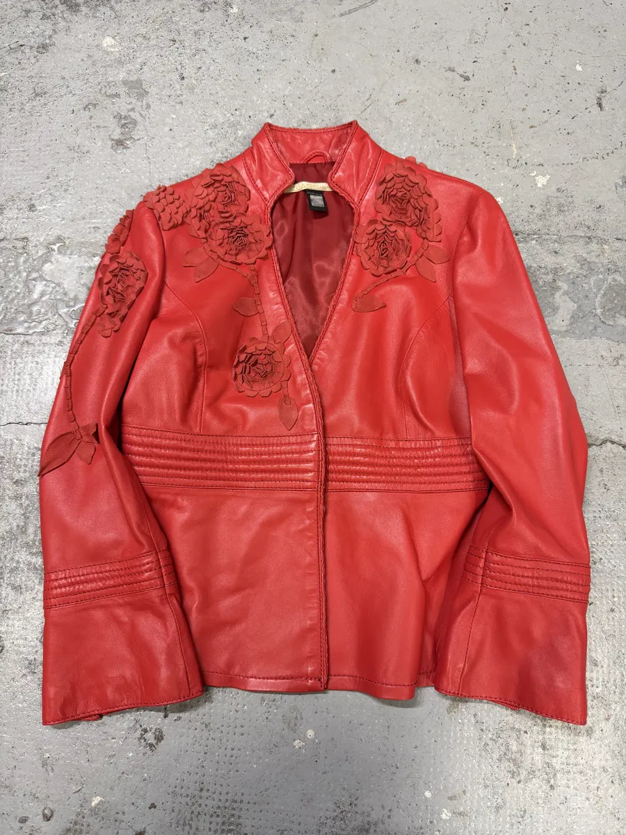 2000s Roberto Cavalli Roses Flowers Patchwork Red Leather Jacket