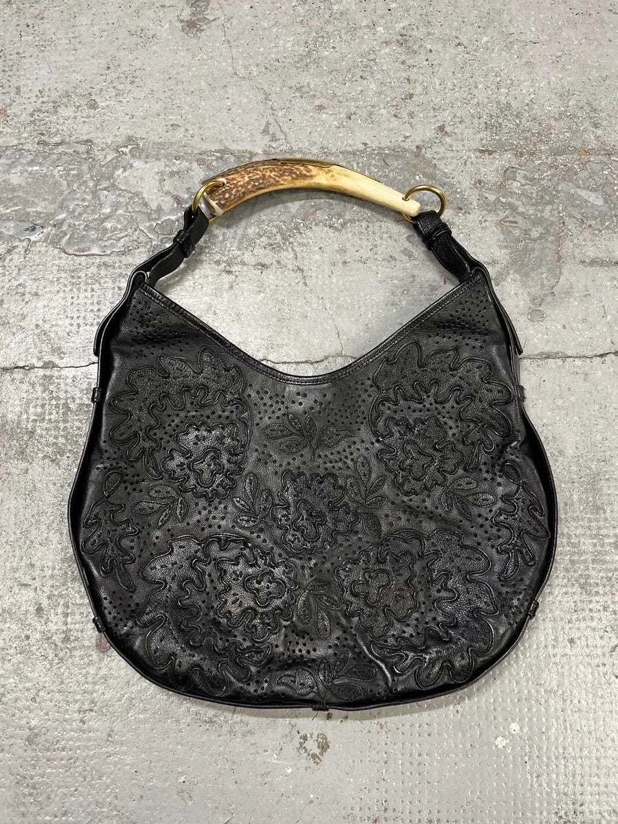 2000s Yves Saint Laurent Mombasa Embossed Flowers Black Leather