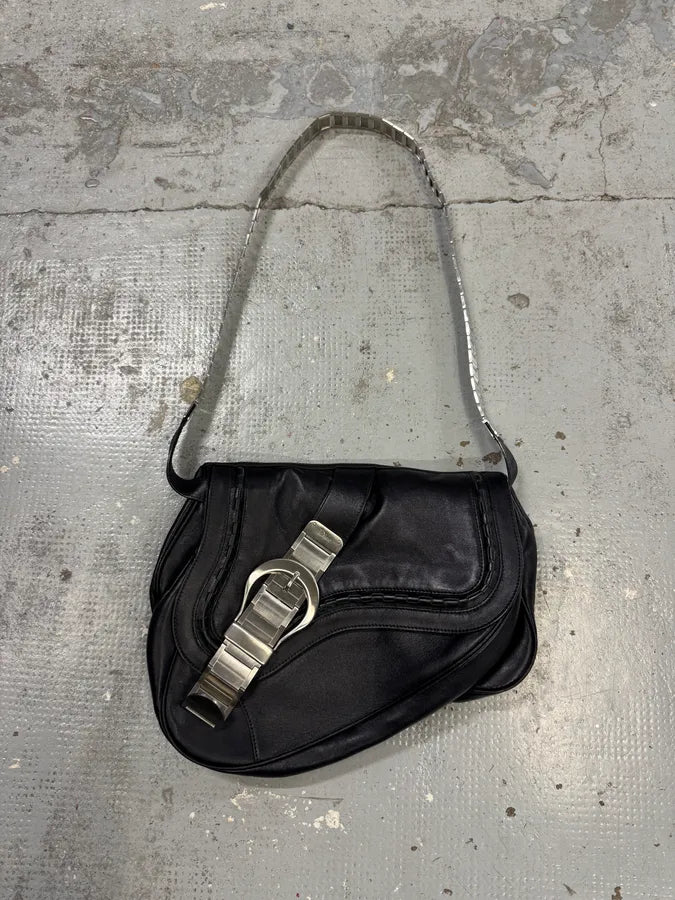 2006 Christian Dior Metal Gaucho Black Leather Shoulder Bag