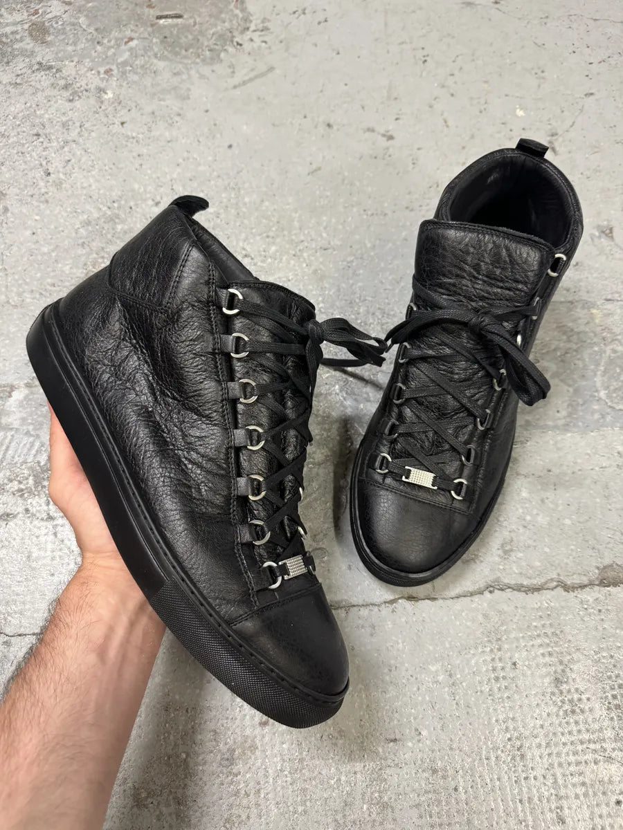 2010s Balenciaga Arena Black Cracked Leather High Top Sneakers