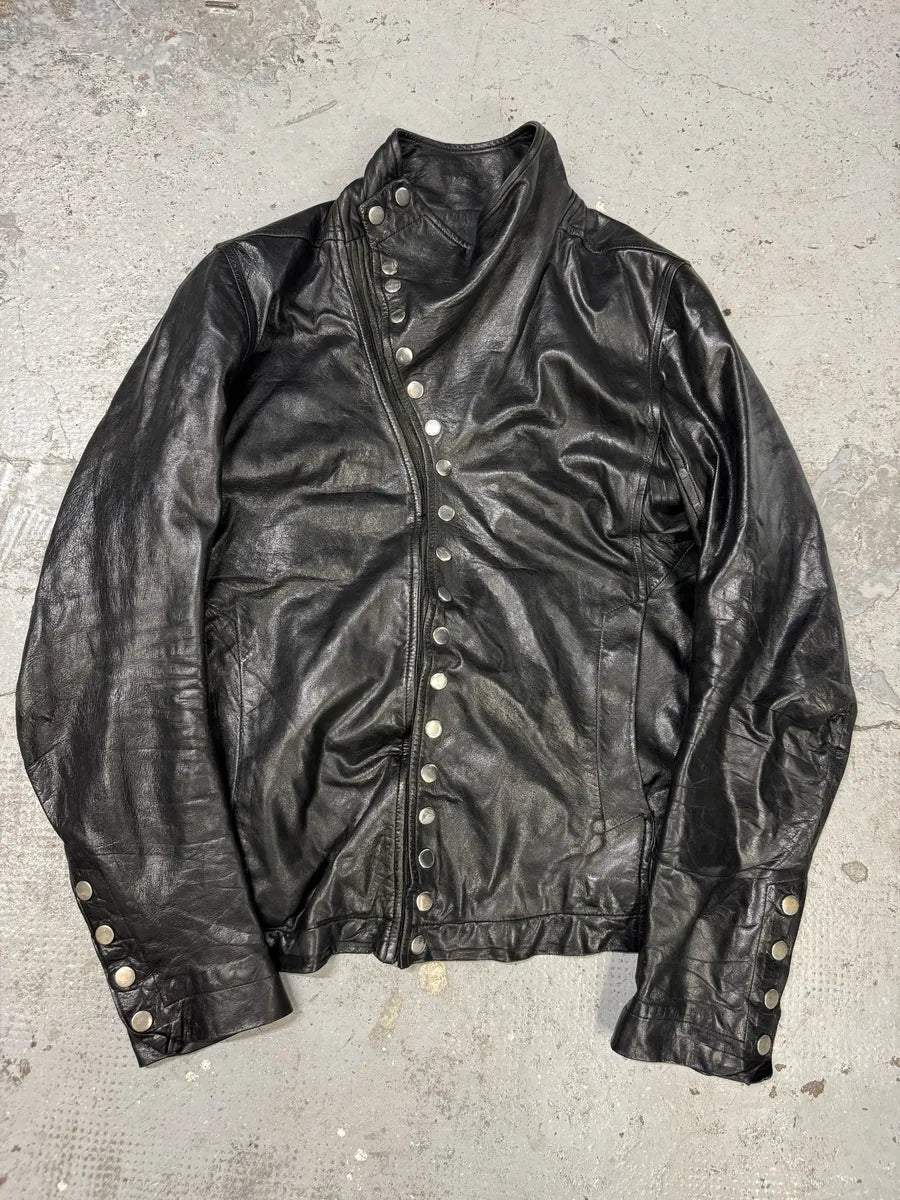 2010s Rick Owens Asymmetrical Avant-Garde Black Leather Jacket
