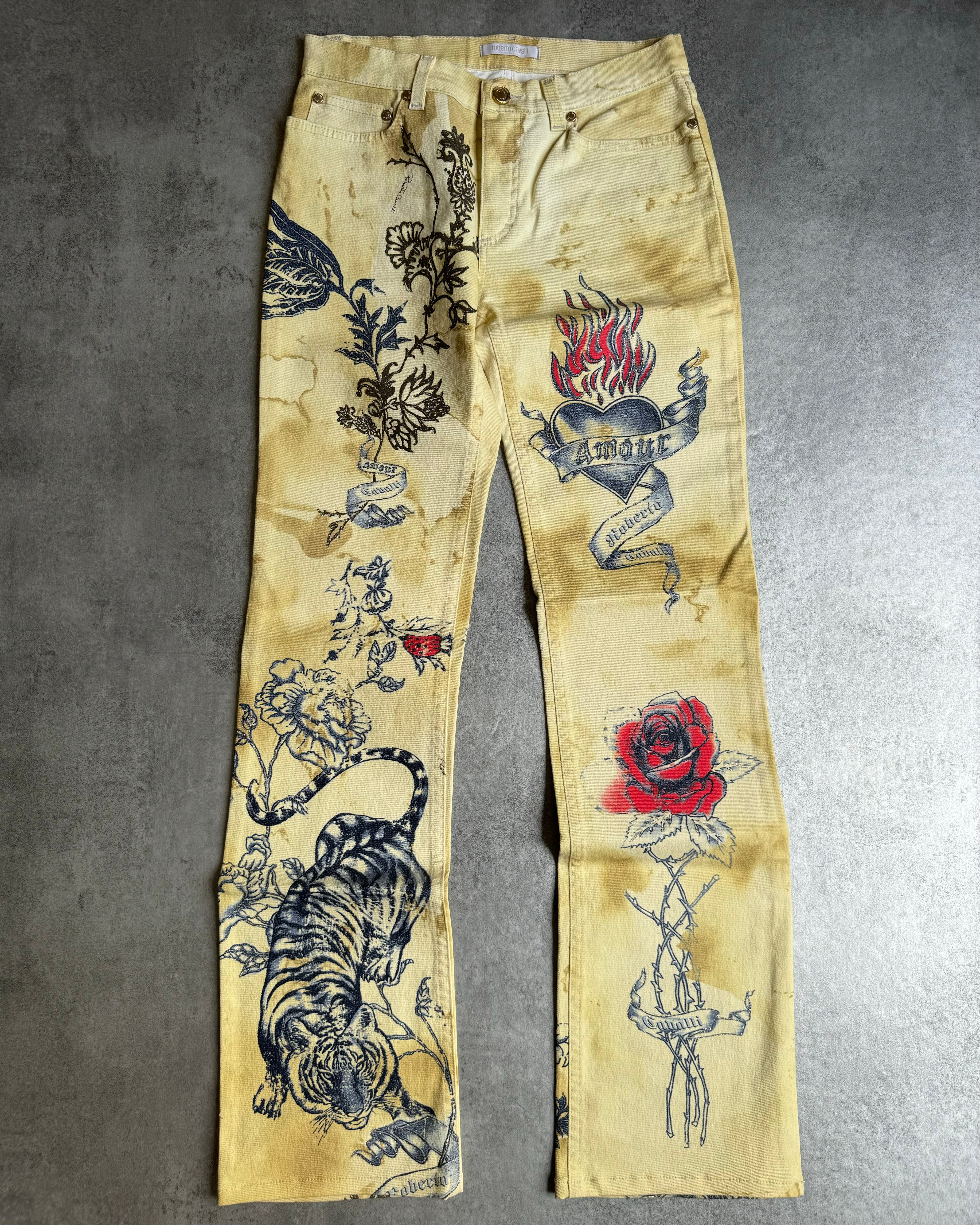 Roberto Cavalli レオパード柄デニムパンツ SS2003 Roberto Cavalli Tattoo Tiger Pants – Dolce Vita Hub