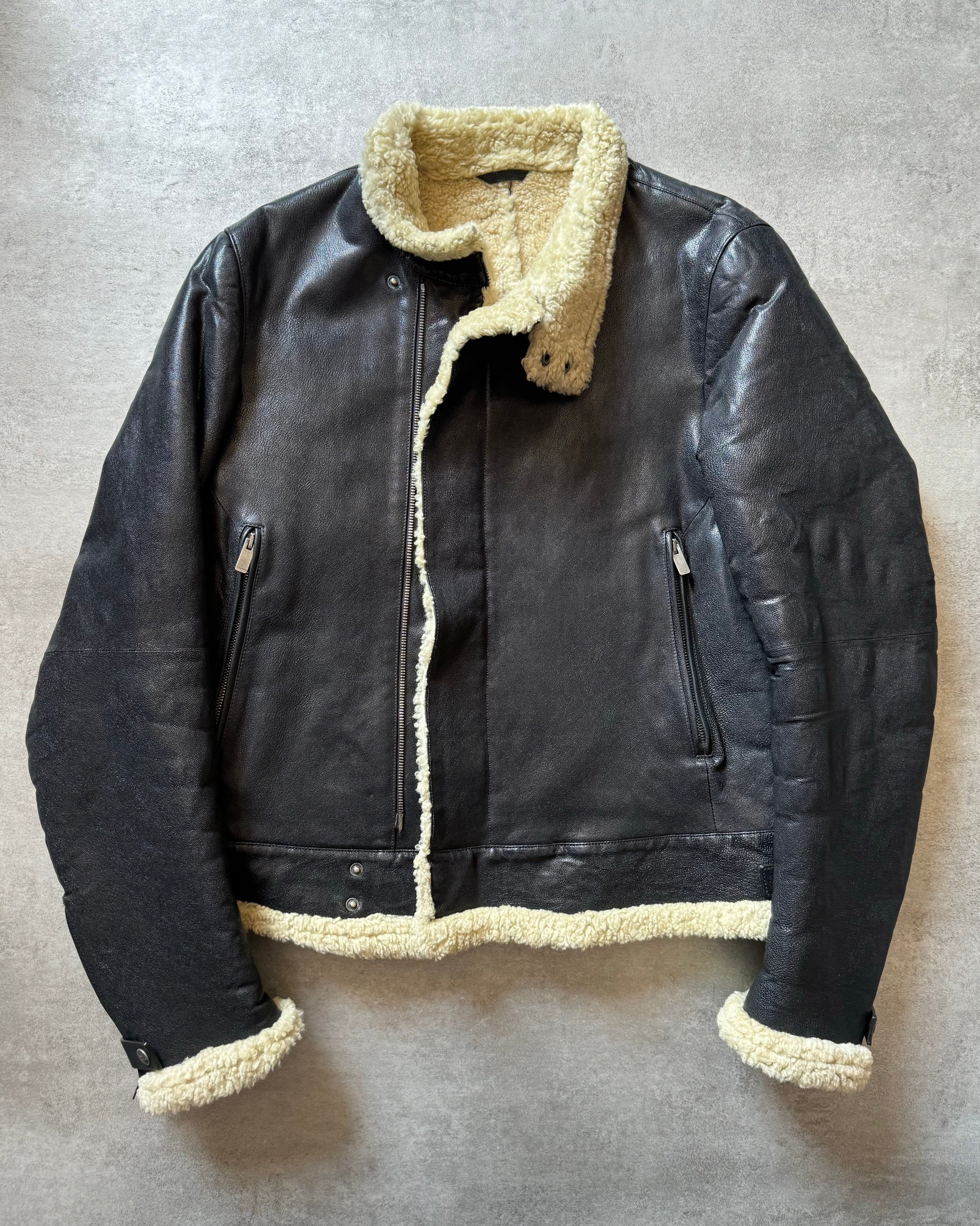 AW2007 Jil Sander Black Asymmetrical Shearling Leather Jacket by AW2007 Jil Sander Black Asymmetrical Shearling Leather Jacket by