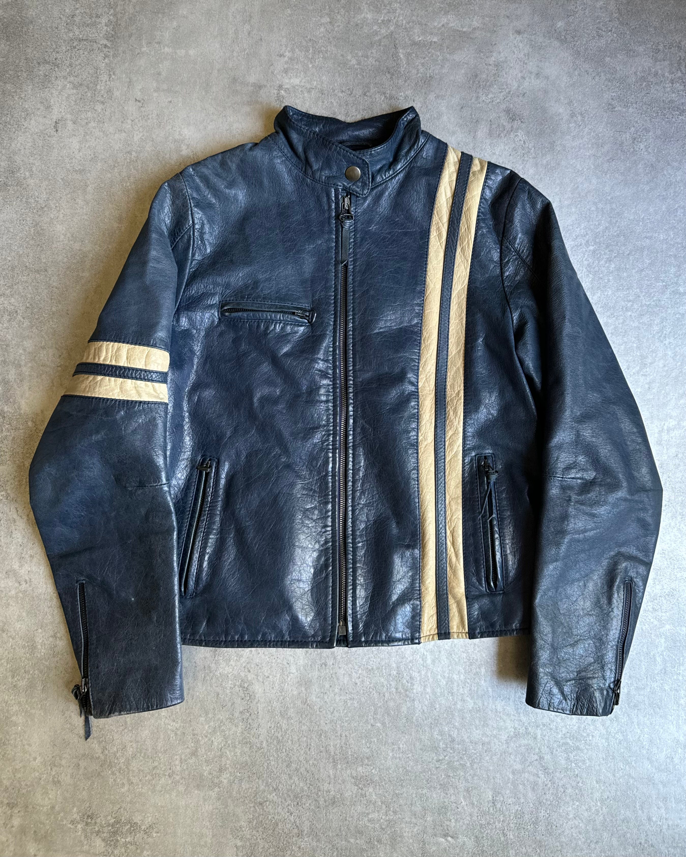 2000s Dolce & Gabbana Stripes Navy Leather Biker Racer Jacket 2000s Dolce & Gabbana Stripes Navy Leather Biker Racer Jacket