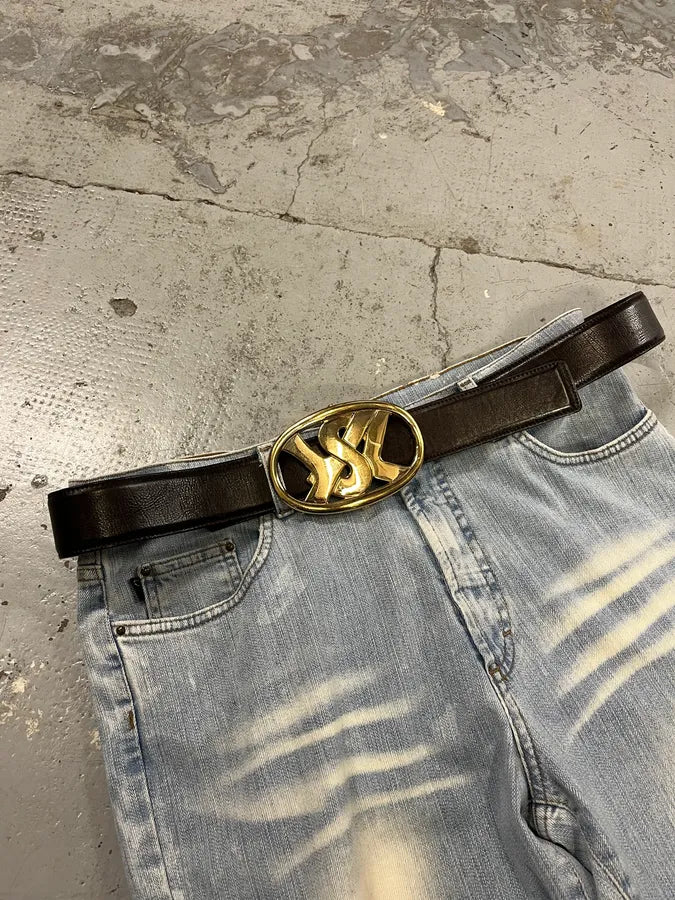 AW2003 Yves Saint Laurent YSL Golden Buckle Dark Brown Leather