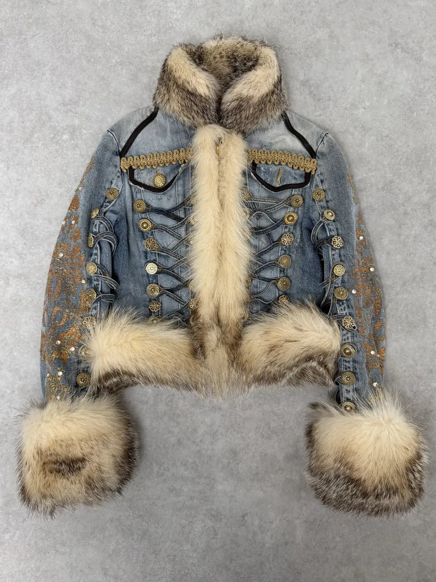 AW2006 Cavalli Blue Denim Royal Napoleon Fur Officer Jacket