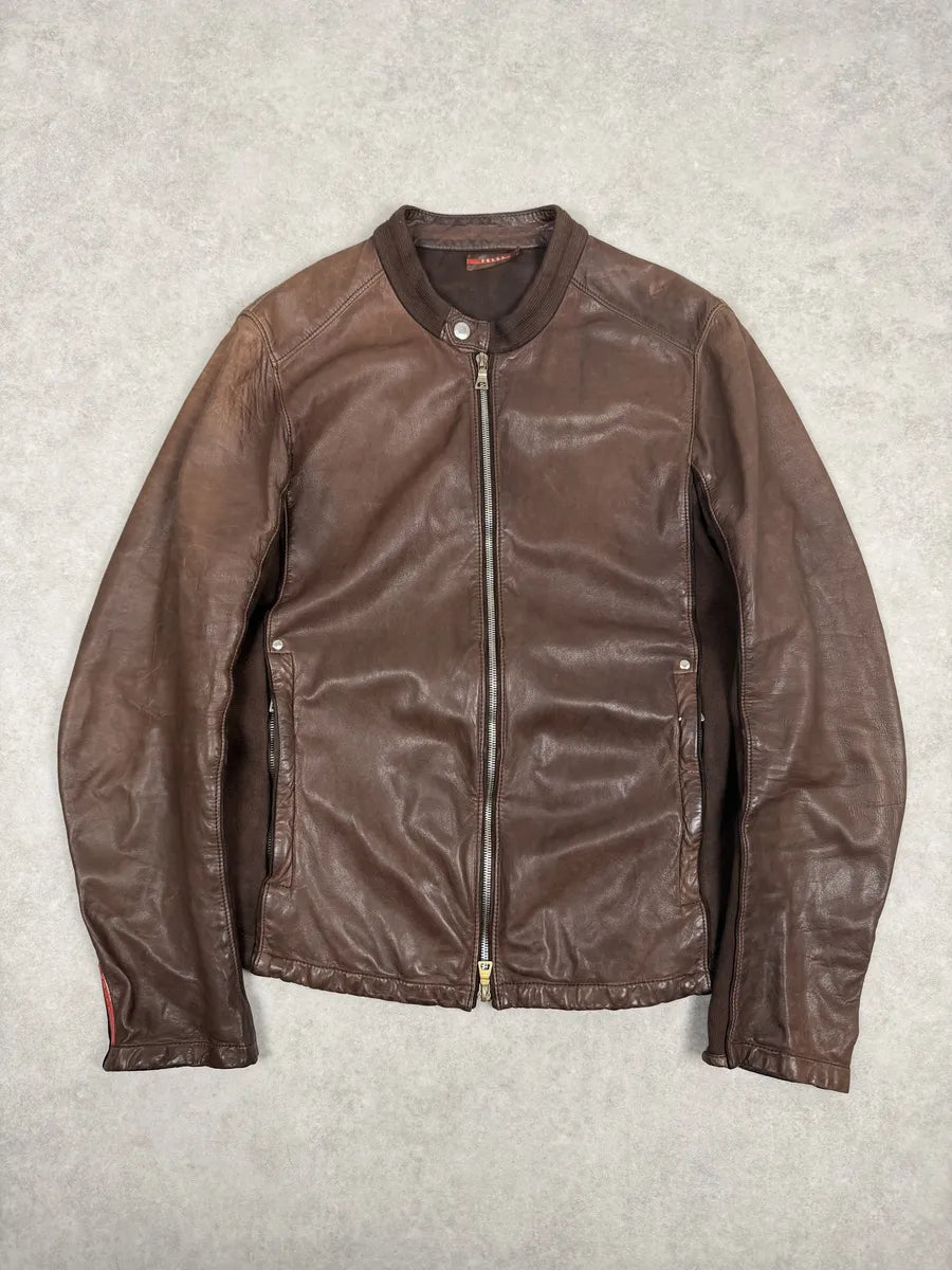 AW2006 Prada Brown Hybrid Linea Rossa Leather Biker Jacket – Dolce