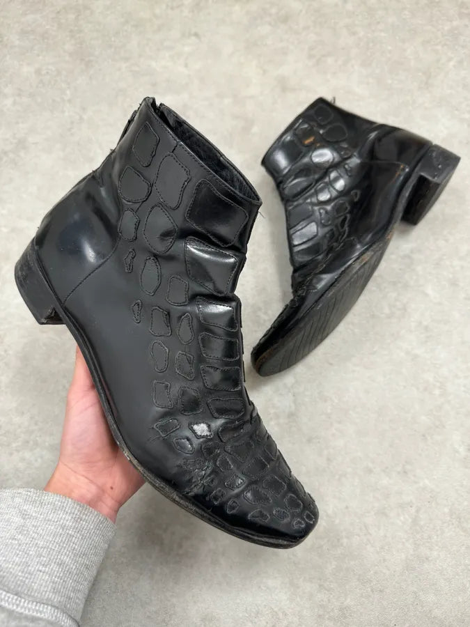 AW2007 Prada Black Leather Chelsea Crocodile Embossed Boots