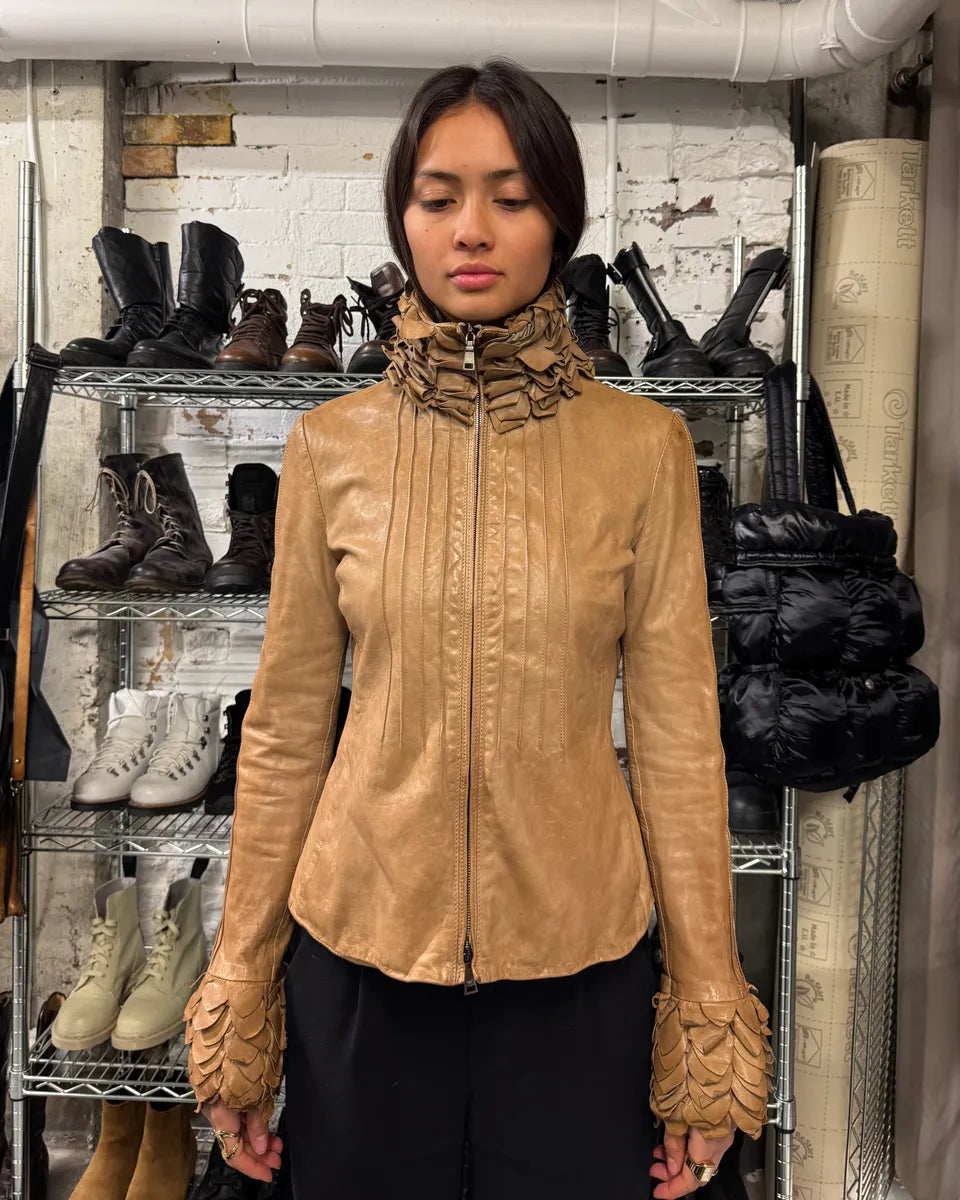 AW2009 Emporio Armani Beige Floral Neck & Wrists Leather Jacket
