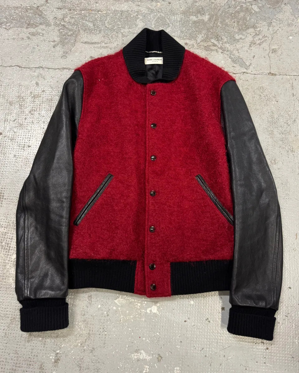 AW2018 Saint Laurent Red Mohair Black Leather Teddy Bomber Jacket