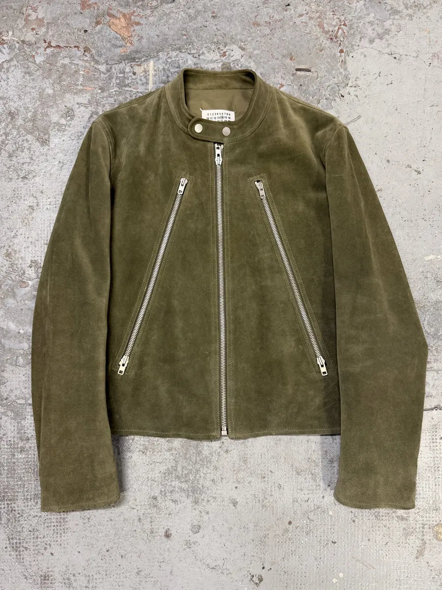 A*G様 Maison Margiela 5 zip Suede Riders AW2019 Maison Margiela 5-Zip Biker Green Suede Leather Jacket