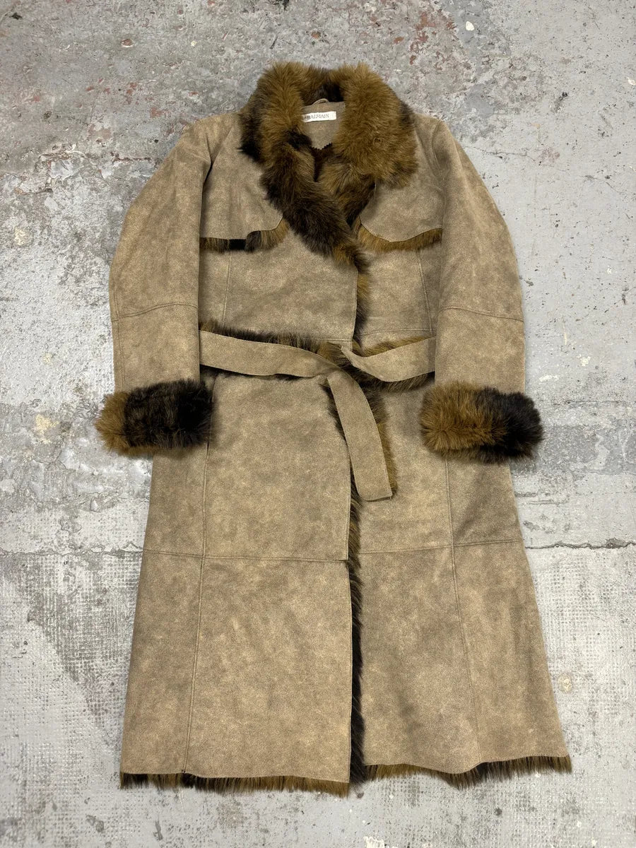 Trench Coat Balmain En Fausse Fourrure Beige Camel - Style Vintage Premium Pour Un Look Chic Et Cosy