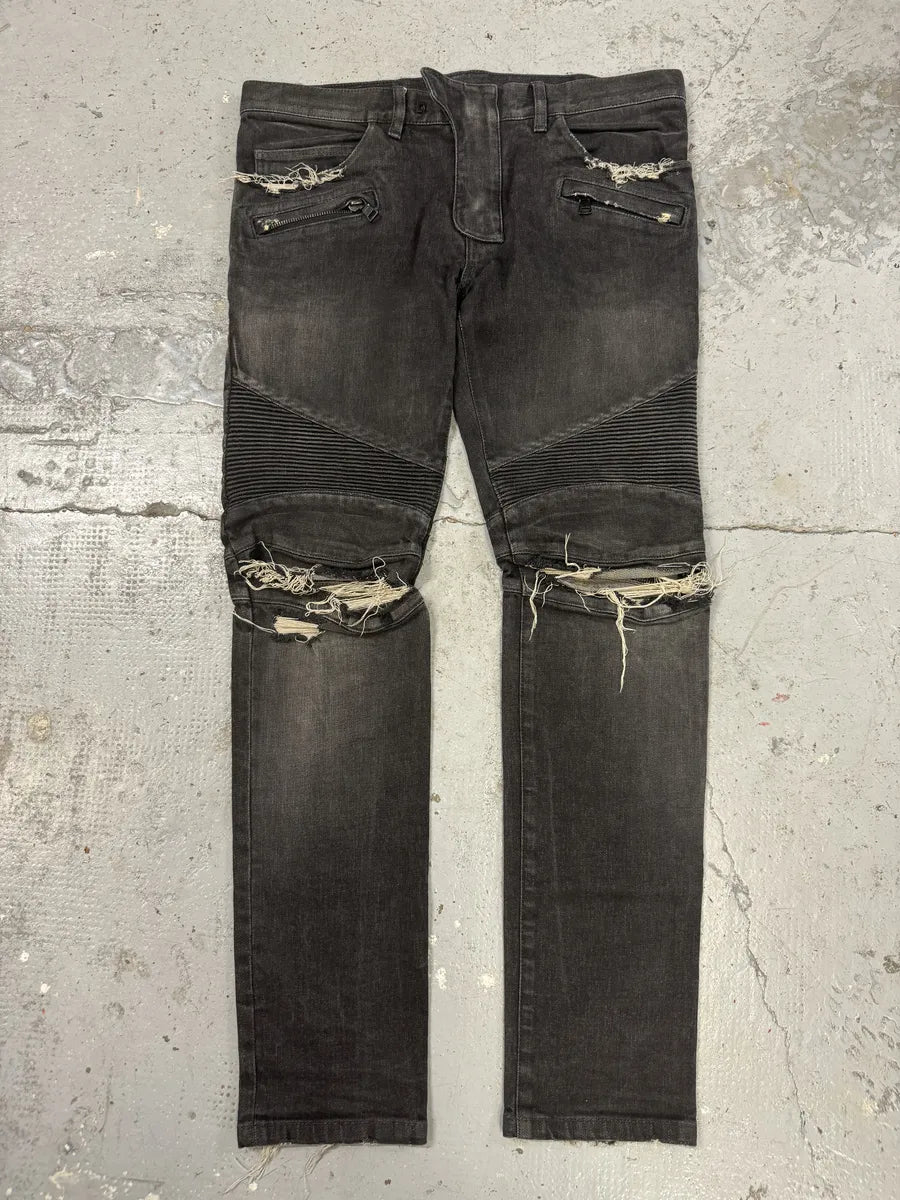 【BALMAIN】スリムフィットデニム ダークグレー 31 Slim-fit biker trousers in denim - Men | BALMAIN