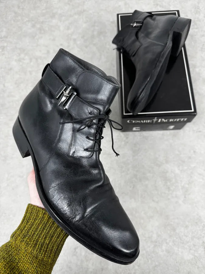 Cesare Paciotti ブラック Cesare Paciotti Black Avant-Garde Rock Leather Italian Boots