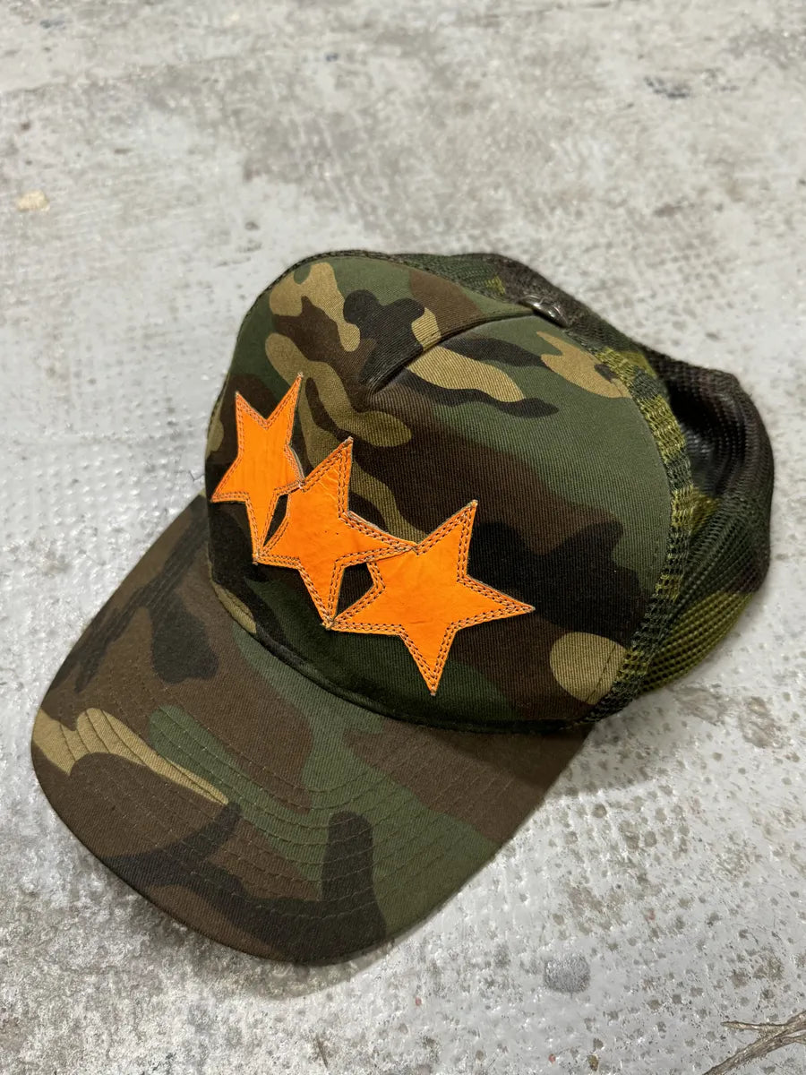 Chrome Hearts Star Leather Orange Patch Military Camo Trucker Cap