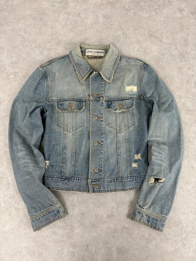1990s Dolce & Gabbana Blue Faded Distressed Denim Jacket – Dolce