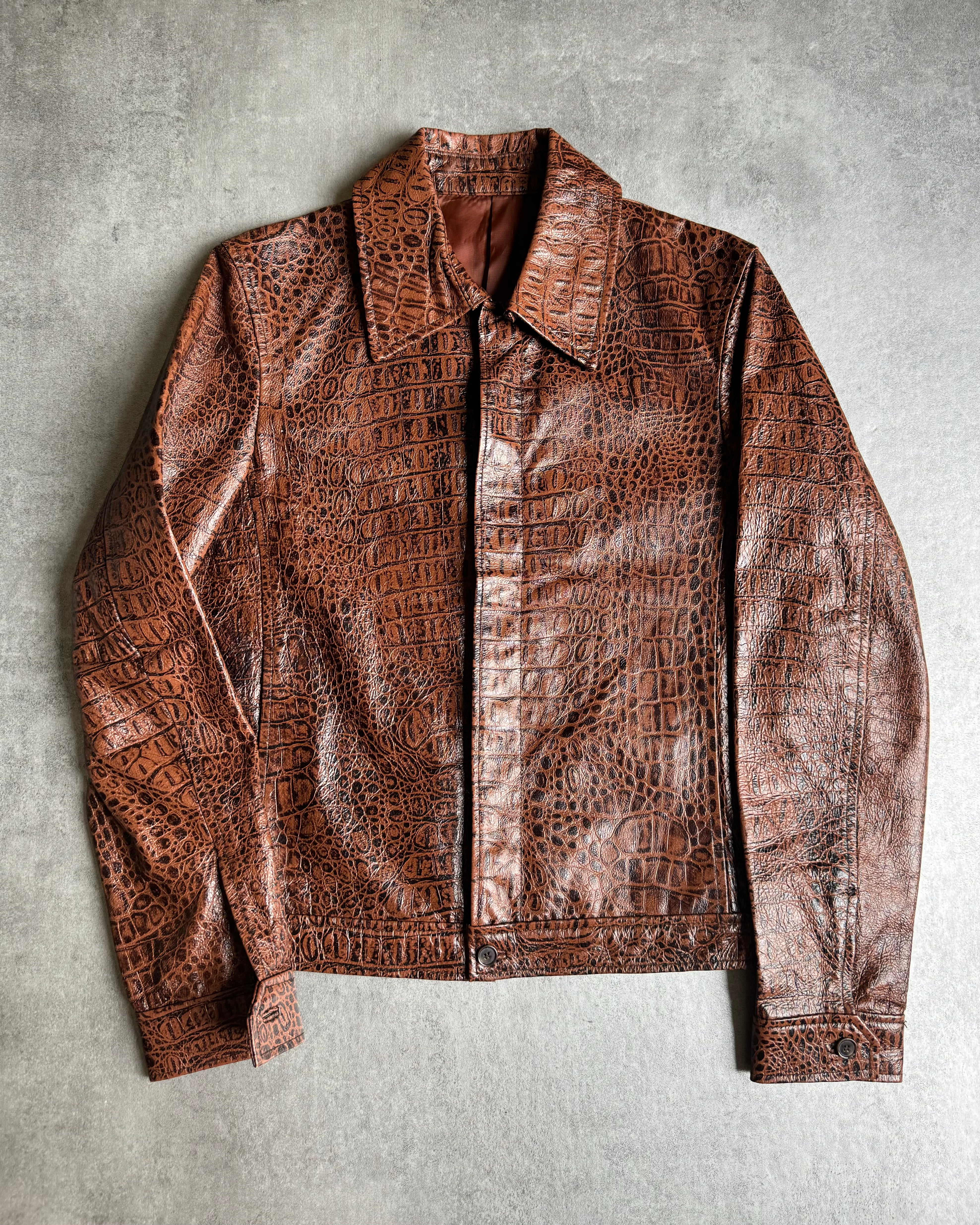 Tornado Mart Crocodile Effect Brown Leather Jacket (S) – Dolce Tornado Mart Crocodile Effect Brown Leather Jacket (S) – Dolce