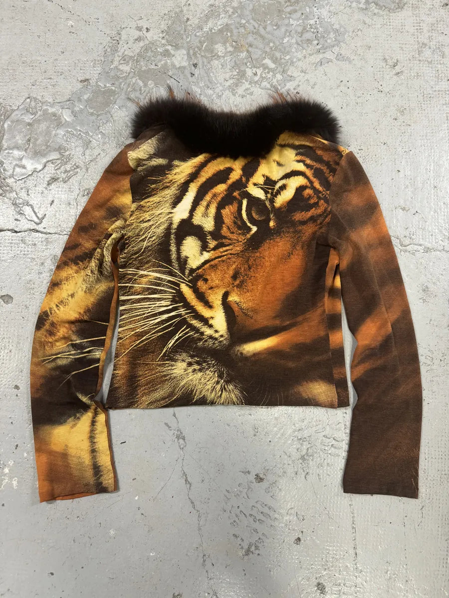 FW2000 Roberto Cavalli Orange Tiger Fur Collar Cardigan – Dolce