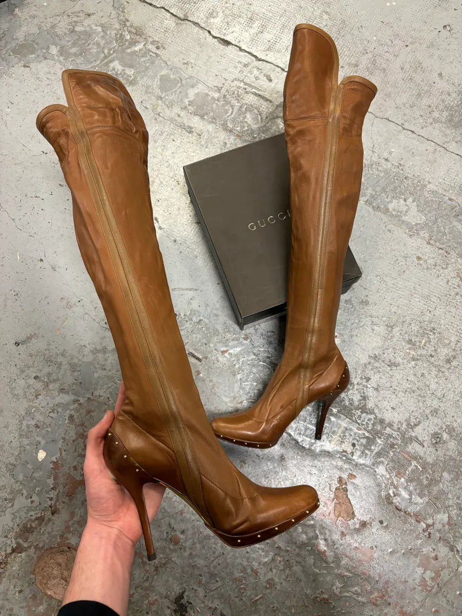 FW2003 Gucci Brown Leather Ankle Heels Boots by Tom Ford – Dolce