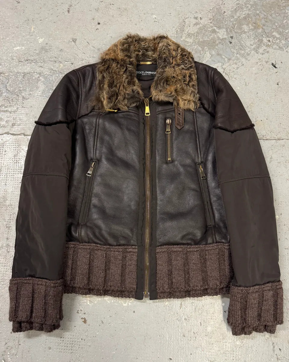 FW2008 Dolce & Gabbana Black Hybrid Faux Fur Collar Leather Jacket