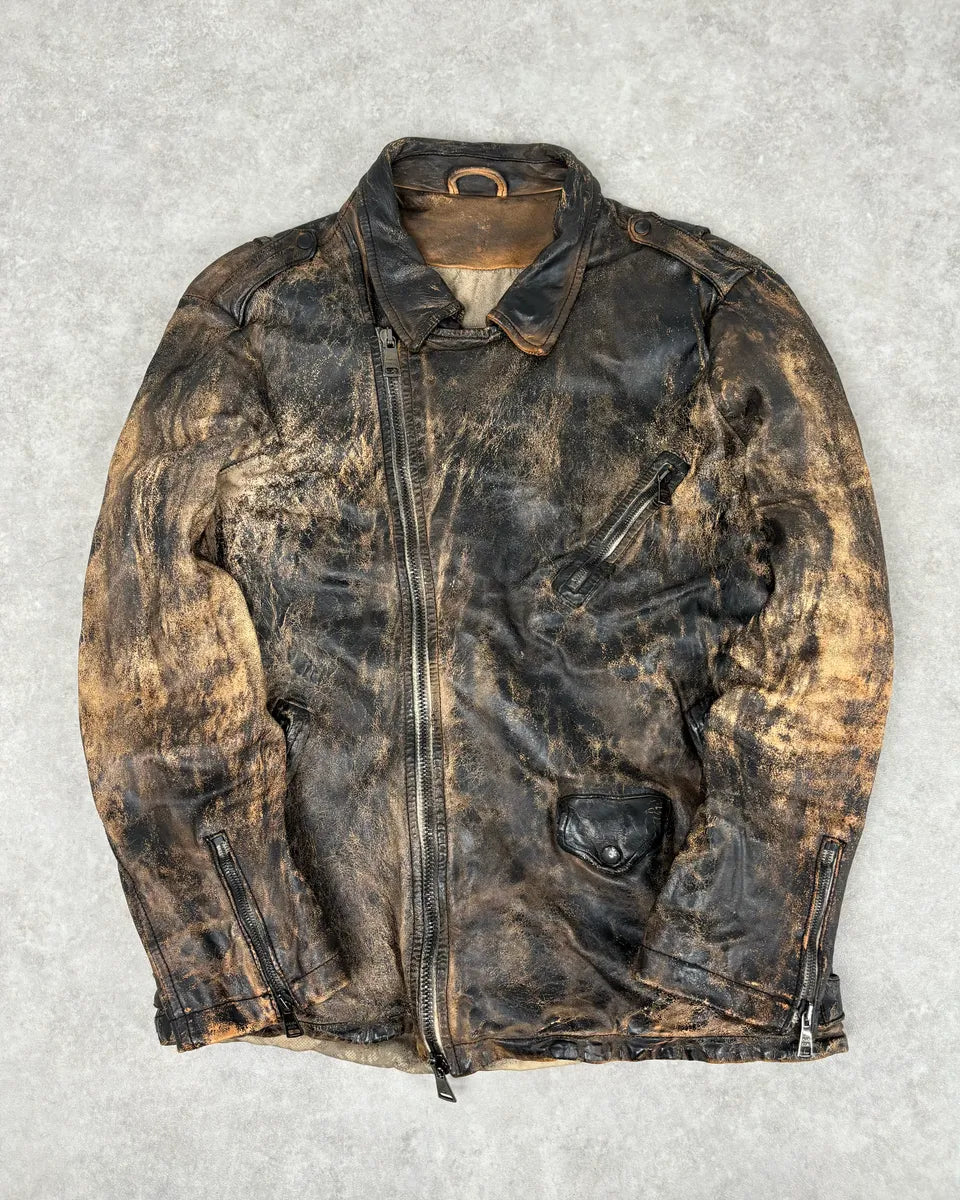 Giorgio Brato Brown Eroded Leather Asymmetrical Biker Jacket